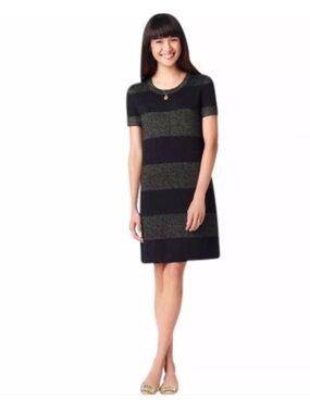 kate spade Freyda Black and Metallic Gold Knit Stripe Shift Dress Women’s Size M